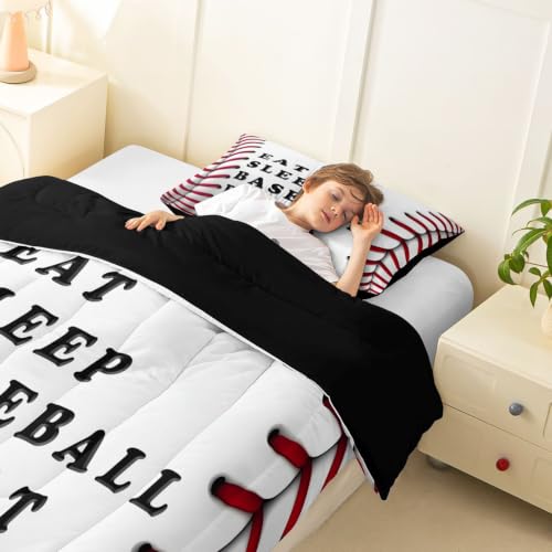 Image of Feelyou Baseball Comforter Set Twin Size Ball Pattern Bedding Set for Kids Boys Girls Eat Sleep Sports Theme Duvet Quilt Bedroom Decor Microfiber 2 Pcs with 1 Pillow Case