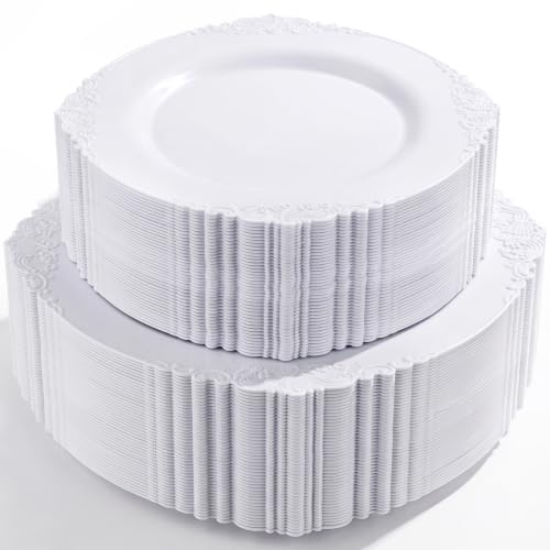 Morejoy 100PCS White Plastic Plates，White Disposable Plates，Include 50 Pieces 10.25 Inch Dinner Plates & 50Pieces 7.5 Inch Dessert Plates,Perfect for Weddings & Party