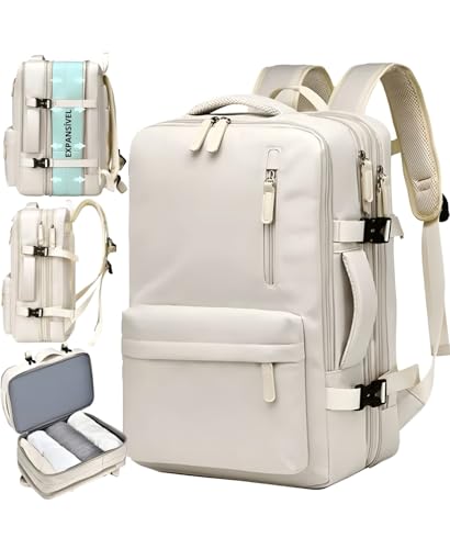Mochila de Viagem Expansível 40L Impermeável - Feminina, Masculina - Bagagem de Bordo 10kg para Avião, Compartimento para Notebook, Executiva, Reforçada, Mala Mochila (Creme)