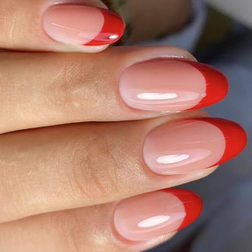 Paquete de 24 uñas postizas cortas de estilo francés, color rojo brillante, para fiestas de vacaciones, no se necesitan herramientas, materiales ABS, uñas postizas sin pegamento