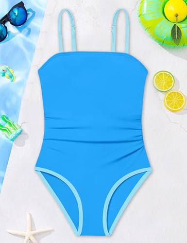 Image of Shallmu Girls One Piece Swimsuits Color Block Dual Crossback Straps with Cover Up Skirt Girl's Swimwear 9-16Y