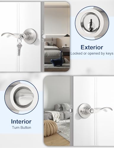 Image of Mengico 4 Pack Keyed Entry Door Lever Lock for Exterior Door Handleset, Entrance Door Handles Lockset in Satin Nickel Each with 3 Same Keys