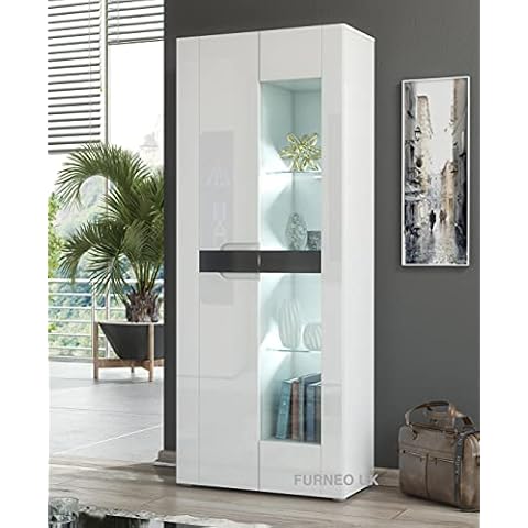 Furneo White Display Cabinet with LED Lights Cover