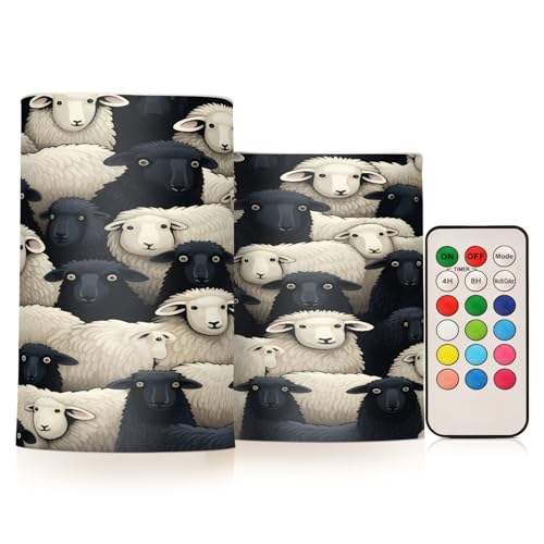 Image of Lights Flameless Candles Black White Lamb Sheer Pillar Candles Set of 2 Battery Operated Remote Control Warm Lights Home Decor