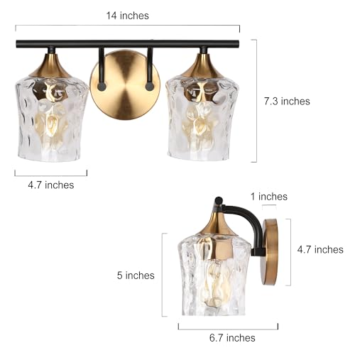 Image of KSANA Bathroom Vanity Lights, 2-Light Black and Electroplated Brass Vanity Light Over Mirror Mid-Century Modern Bathroom Light Fixtures with Textured Glass, 14 inch L x 6.7 inch W x 7.3 inch H