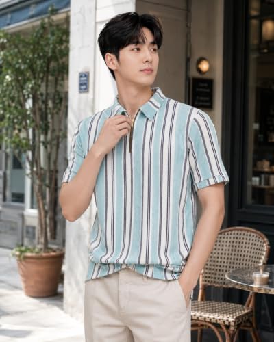 Image of London Hills Men's Loose Fit Half Sleeve Vertical Striped Polo T-Shirt with Zip Collar | Premium Polyester Fabric | T Shirt for Man | Tshirt | Shirts Men | Tshirt for Man | Men T-Shirts