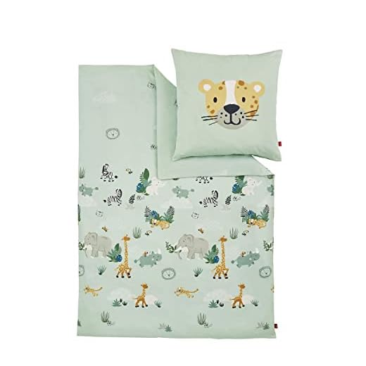 s.Oliver Kinderbettwäsche Tiere 135x200 cm - 100% Baumwolle, praktischer Reißverschluss & maschinenwaschbar, Bettwäsche für Kinder 2tlg. Zootiere hellgrün