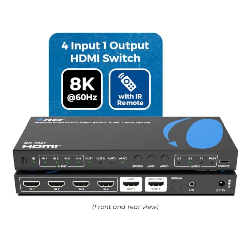 Image of OREI 8K 4-Port HDMI Audio Extractor Switch 4x1 with eARC /ARC Support - 48Gbps HDMI 2.1, 4K@120Hz, Dolby Vision, Dolby Atmos, CEC, HDR10+, eARC to HDMI Output for AV Receiver, Remote Control - BK-4927