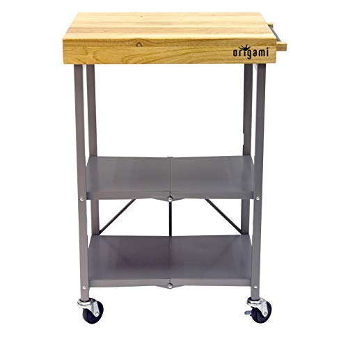 Origami Foldable Kitchen Island Cart, Rolling Storage Table Organizer with Wheels, Silver