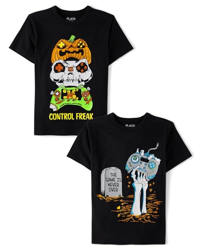 The Childrens Place Boys All Holidays Short Sleeve Graphic T-Shirts multipacks Skeleton Hand/Control Freak 2-Pack Small