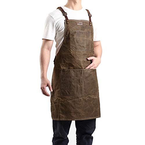 tablier Tablier à outils Toile de cire d'huile avec tablier en cuir Tabliers de jardinage Tool Barbecue Barber Carpenter Painter Vêtements de Réparateur