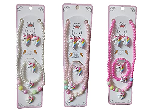 LIGHTER HOUSE 4-in-1 Imported Stuff Unicorn Cartoon Earrings, Bracelet, Necklace and Ring for Holiday Party Concert Birthday Return Gift Pack-Assorted Colour for 3-8 Years Girls (Combo of 3 Packs)
