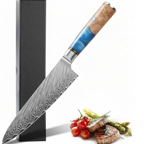 Damascus Steel Chefs Knife - 67-Layer Japanese VG10 Steel Core - Unique Blue Resin & Natural Wood Handle Razor Sharp Beautiful Damascus Wave Pattern (8 Chefs Knife)