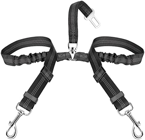 SlowTon Double Dog Seat Belt, Adjustable Elastic Dog Car Harness Seatbelt with Anti-Shock Bungee Buffer, Heavy Duty Reflective Puppy Cars Restraint Pet Safety Belts Clip for Travel Daily Use