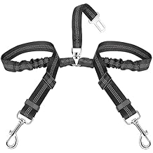 SlowTon Dog Seat Belt, Double Dog Seatbelt Adjustable Vehicle Safety Leash with Elastic Bungee Buffer, Reflective No Tangle Y Shape Two Dog Harness Seat Belt Splitter for Pets Car Trip Black, S
