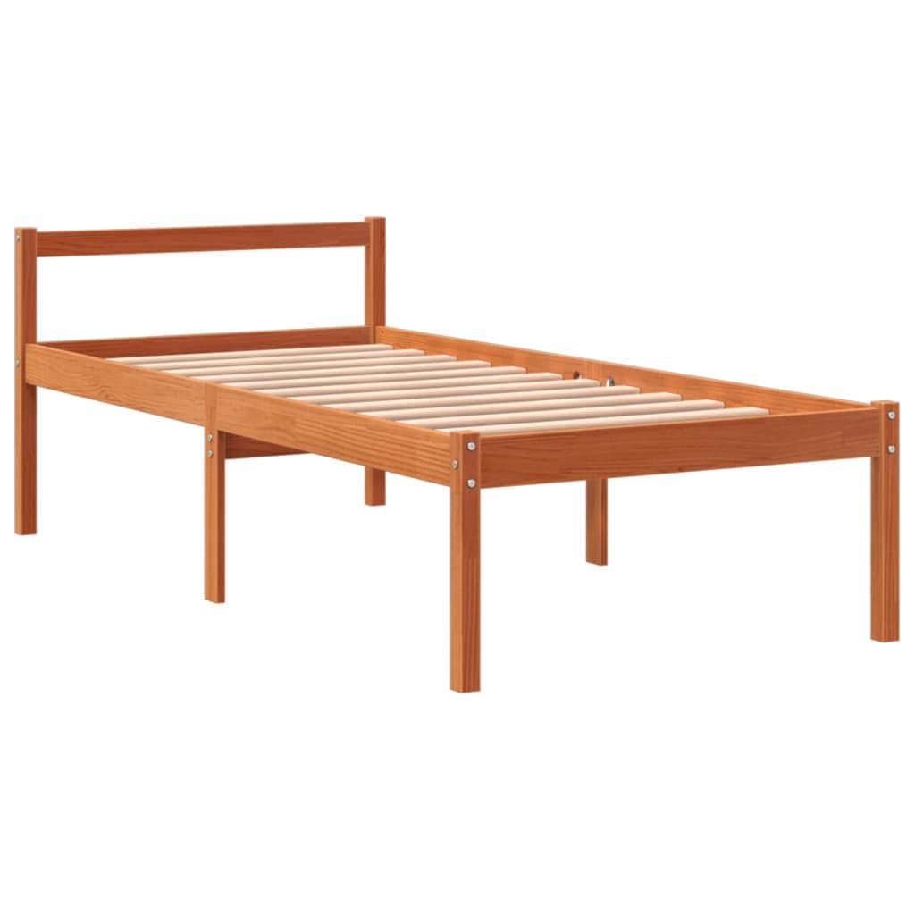 Seniorenbett Wachsbraun 75x190 cm aus massivem Kiefernholz, seniorengerecht mit 44 cm Höhe, inklusive Stauraum und robusten Sperrholzlatten, Komfortables Kopfteil