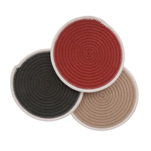 Image of DENOVA Cotton Rope Trivet for Hot Pots and Pans - Heat Resistant, Handmade Spiral Design, Pack of 3, Rustic Kitchen & Dining Table Protector, Multi-Color & Cream Outer Line