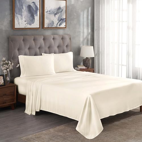 Superior Modal from Beechwood 300 Thread Bed Sheet Set, 1 Elastic Extra Deep Fitted Sheet, 1 Flat Sheet, 2 Pillowcases, Soft Cool Sheets, Sateen Weave, Bedding Essentials, California King, Ivory