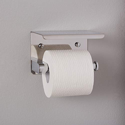 Image of AmazonBasics Toilet Paper Holder - Contemporary, Includes Storage Shelf, Stainless Steel