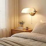 B·LED BARCELONA LED Vintage Wandlampe „BANQUERO“ mit Grünem oder Weißem Glas-Schirm, Verstellbarer Schirm, Messing-Antik Sockel, Kettenzugschalter – Für LED E27 Geeignet