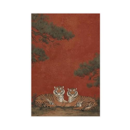 Poster tigre japonais rétro rouge déco salon élégante 50x75 cm