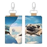 Funny Turtle Pug Dog in The Sky Leather Key Case,Fashionable Credit Card Holder Slim Multi Card Keychain Pouch Travel Portable Keychain Wallet