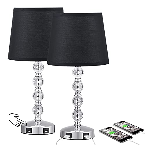 Acaxin Black Crystal Table Lamp with 2 USB Charging Ports, Touch Control 3 Way Dimmable, 17" Bedside Light for Small Space, Fancy Bed Lamp for Bedroom, Living Room, Guest Room(Bulb Included)