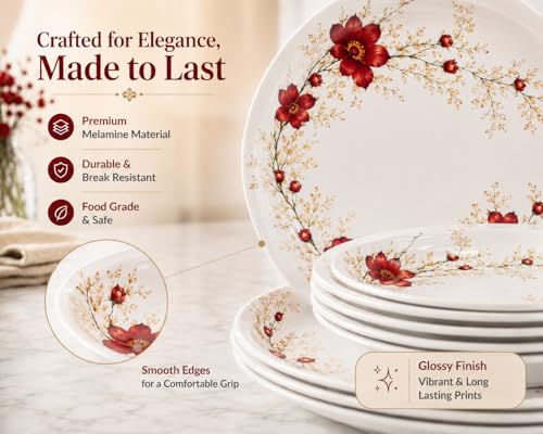 Image of Arova 32 Pieces Melamine Dinner Set for 6 Persons | Unbreakable & Lightweight Crockery Set | Serving Bowls, Spoons & Lids | Dishwasher Safe Dinnerware Set (Crimson Gold)