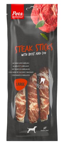 Rosewood Large Steak Sticks for Dogs - Made with Beef and Pollock, Grain Free Chews, High Protein Dog Treats, By Pets Unlimited (240g)