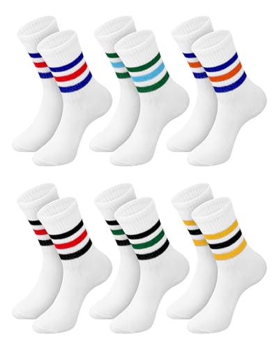 6 Pairs Striped Crew Socks for Women Casual Retro Cute Cotton Striped Tube Athletic Socks Solid Color for Sports Running(Bright Color)