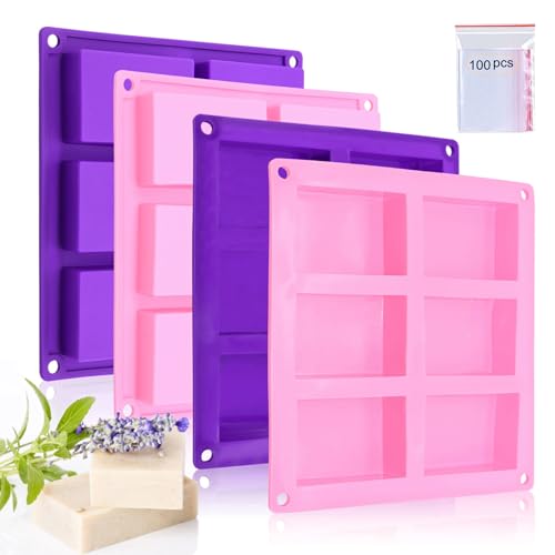Image of Bangp 4 Pack Silicone Soap Molds,Rectangle Soap Mold,6 Cavities Silicone Molds for Craft Soap Making,Cake Chocolate Mold,with 100pcs 3.5x5 inches Bags