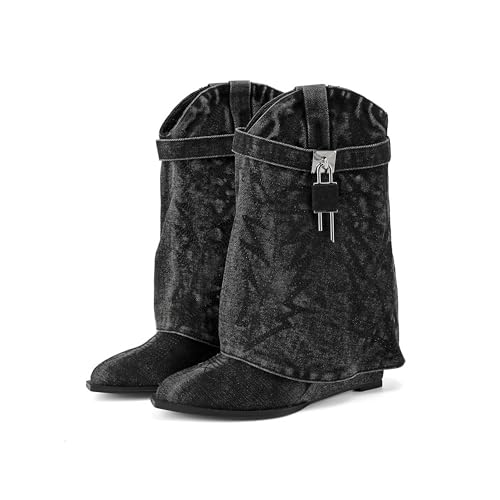 Embroidered Fold Over Over Wide Calf Wedge Pull-On Pointed Toe Western Cowgirl Floral Printing Booties for Women