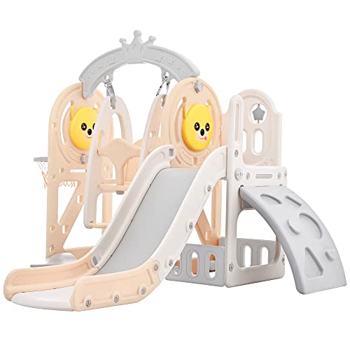 Image of Merax 4-in-1 Toddler Slide, Kids Slide with Climber, Basketball Hoop and Storage Space, Outdoor Indoor Slide for Toddlers Age 1+