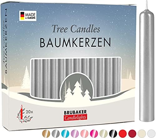 BRUBAKER Tree Candles - Pack of 20 - Silver - 3.75 x 0.5 Inches (9.5 x 1.27cm) - Pyramids & Chimes - Made in Europe