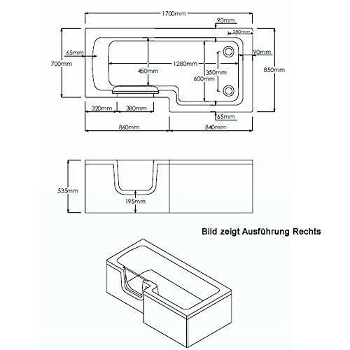 Badewanne mit Tür, Seniorenbadewanne 170x85/70x53cm mit Duschkabine,Wannenschürze und Ablauf/Sifon, Ausführung RECHTS – Bild 5