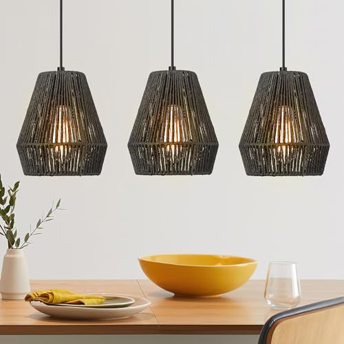 ELYONA Modern Woven Pendant Light Fixtures, 7" Farmhouse Coastal Hanging Lamp, Matte Black Handwoven Rattan Basket Shade, Boho Pendant Light for Kitchen Island Bar,Dining Room, Bedroom,Hallway 3 Pack