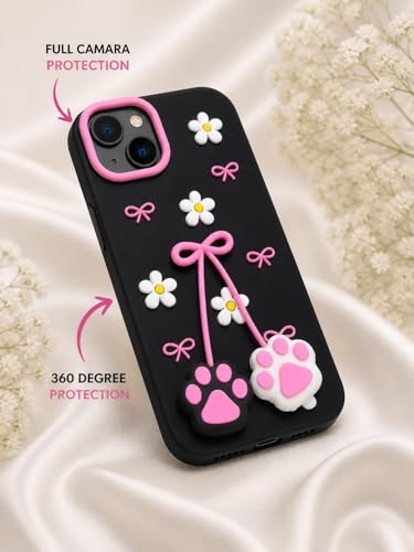 Image of for iPhone 15 Soft Silicone Phone case Features 3D Cartoon Flower and cat paw Claw Designe | Full Camara Protection | Super Soft-Touch |Shock Proof Back Cover for iPhone 15 (Black)