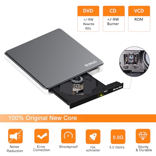 Image of External Blu Ray CD DVD Drive, USB 3.0 Type C Blu ray Burner BD Player Read /Write Portable Bluray Drive Slim Optical Blue Ray CD DVD Reader for Laptop PC Windows 11 MacBook Pro Air Desktop Linux OS
