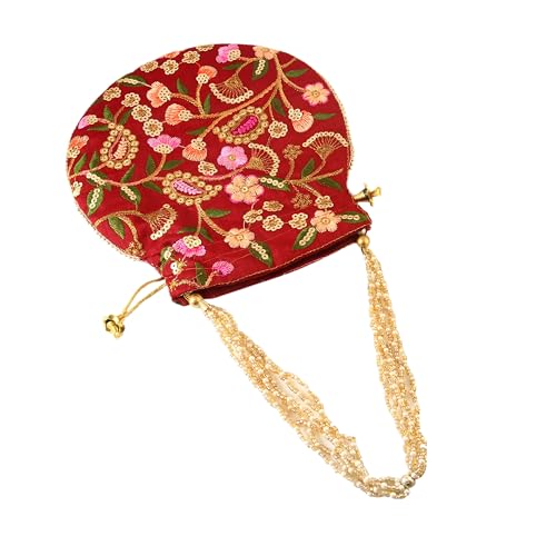 Image of Handcrafted Potli Purse with Golden Floral Embroidery and Pearl Accents