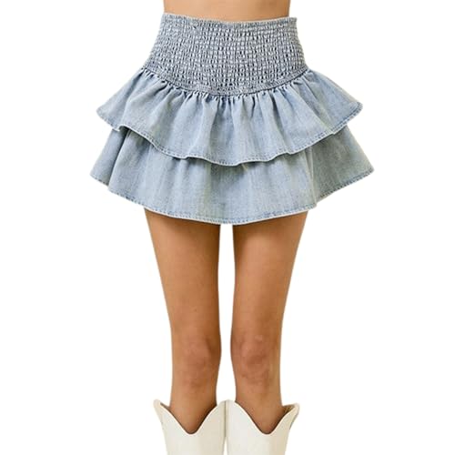 Women's Tiered Ruffled Denim Skirt Solid Color High Rise Mini A Line Jean Skirt Streetwear
