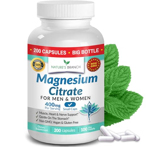 Magnesium Citrate 400mg | 200 Capsules, High Absorption for Sleep, Relax, Leg Cramps, Energy, Extra Strength Easy to Swallow Small Pills for Women & Men, Vegan Supplement for Digestion, Not Tablets