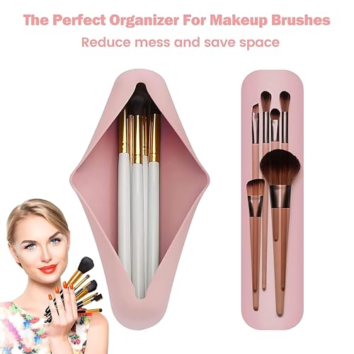 Image of Hian Silicone Makeup Brush Holder Travel Case with Magnetic Closure - Soft Waterproof Cosmetic Organizer, Anti-Fall Protective Storage Pouch for Makeup Brushes & Beauty Tools (Pink,Pack of 1)