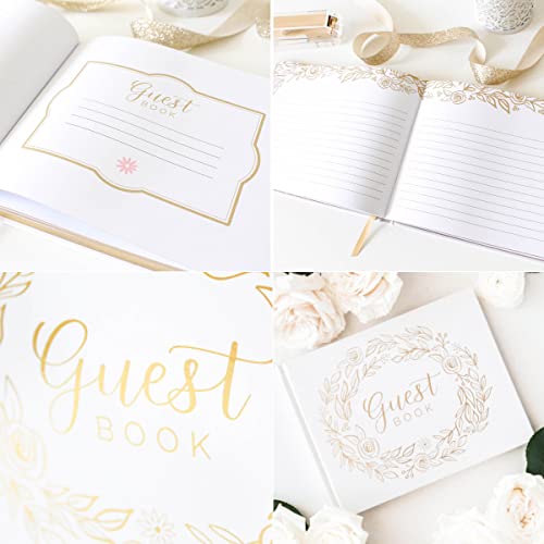 Bloom Daily Planners Wedding Guest Book (120 Pages) Guest Sign-In Book Guest Registry Guestbook Planner - White Cover With Gold Foil, Gilded Edges And Gold Page Marker Hardbound 7" X 9" - Gold Floral #TOP4