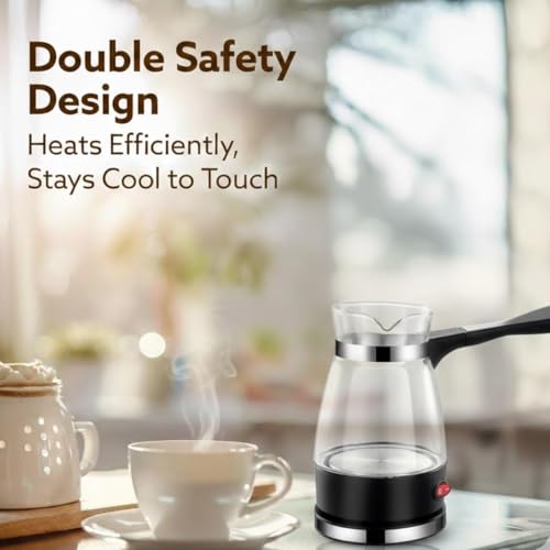 Image of Modern Electric Glass Turkish Coffee Maker (0.5 Liter) - Heat-Resistant Borosilicate Glass Cezve with LED Indicator & Ergonomic Handle, Premium 600W Coffee Machine for Daily Use