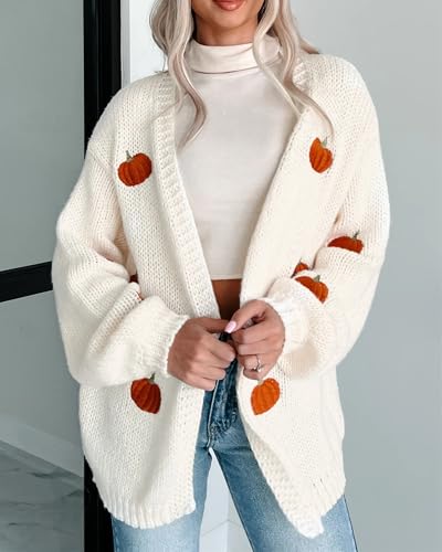 Women Cute Pumpkin Embroidery Cardigan Sweater V Neck Open Front Loose Casual Knit Cardigan Coats Cozy Holiday Sweater4