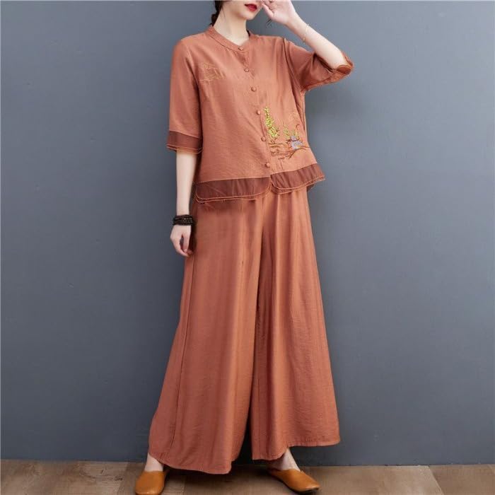 Women Embroidered Two Piece Set Cotton Linen Top Pants Loose Fit Summer Outfit