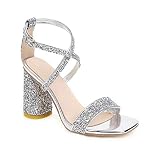 Z2021 Women's Sandals Sexy Buckle Strap Peep Toe High Heel Block Heel Evening Party Women's Pumps, silver, 12 CA