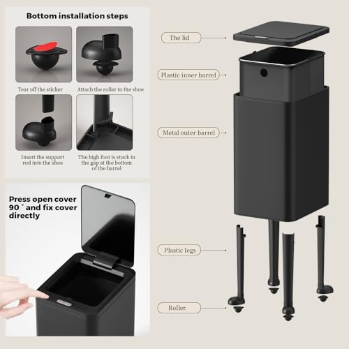 Image of 12L /3gal Black Trash Can with Legs,Small Garbage Can with Push Button Lid,Dog Proof Trash Bin Container,Narrow Waste Basket for Kitchen,Bedroom, Living Room,Office (Black)