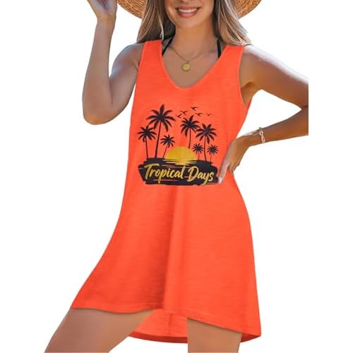 CHICGAL Womens Swimsuit Coverup Summer Beach Sleeveless T Shirt Bikini Tank Dress Loose Bathing Suit Cover Up Small Orange Trees