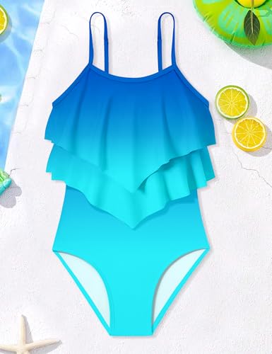 Image of Girls Swimsuit Color Block One Piece Swimsuit 2-Tiered Ruffle Bathing Suit Adjustable Strap Girls' Swimwear 7-16Y
